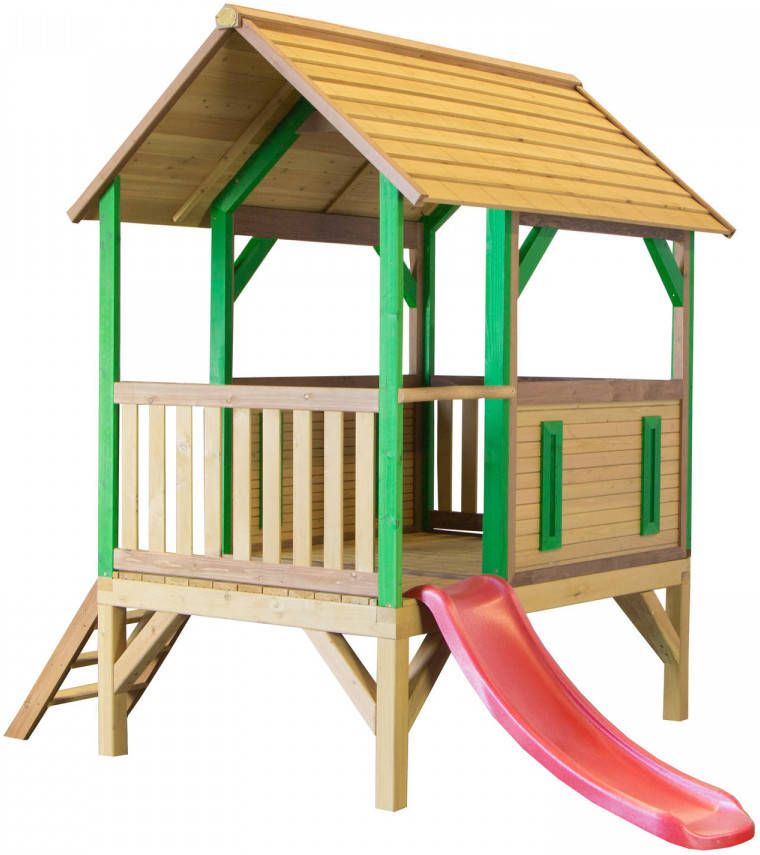 AXI Akela Speelhuis Op Palen & Rode Glijbaan Speelhuisje Voor De Tuin/Buiten In Bruin & Groen Van Fsc Hout
