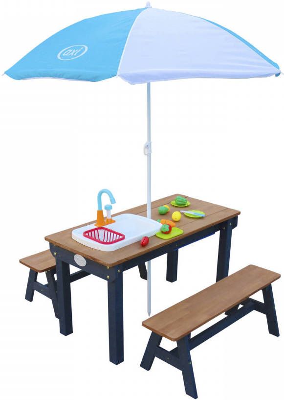 AXI Dennis Zand & Water Picknicktafel Van Hout In Antraciet/Bruin Watertafel & Zandtafel Met Speelkeuken Incl.