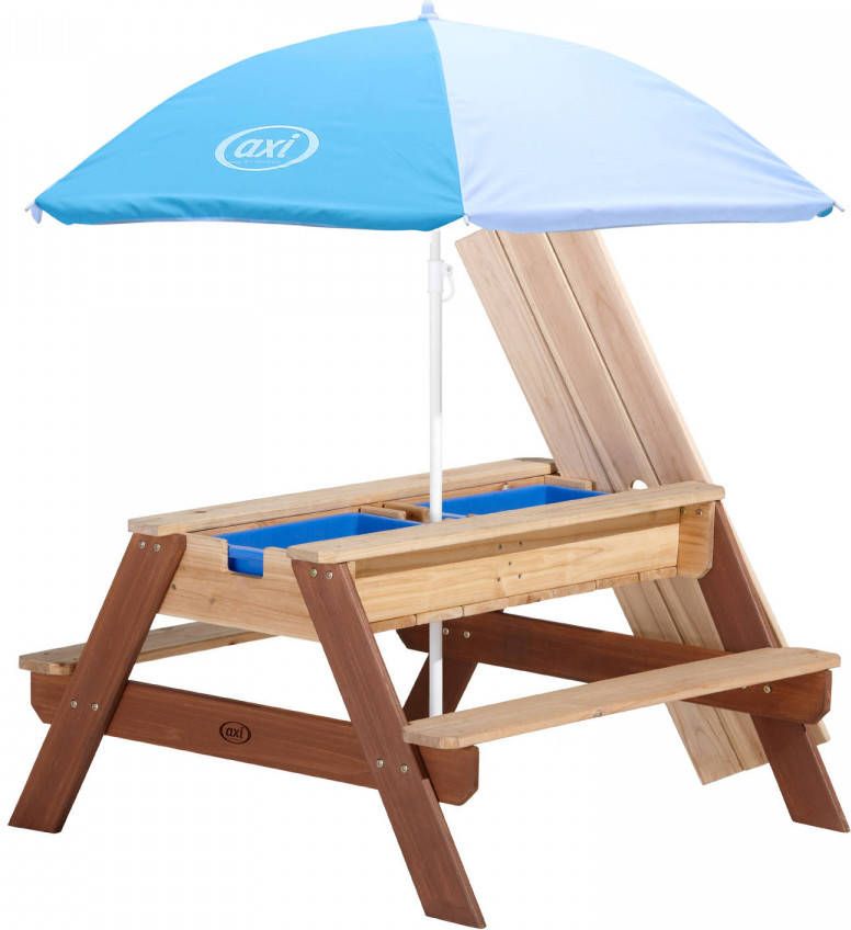 AXI Nick Picknicktafel/Zandtafel/Watertafel Voor Kinderen In Bruin Met Parasol In Blauw/wit Multifunctionele