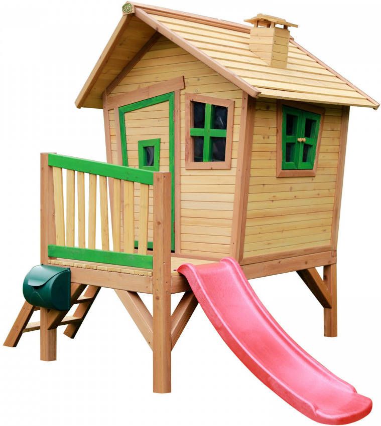 AXI Robin Speelhuis Op Palen & Rode Glijbaan Speelhuisje Voor De Tuin/Buiten In Bruin & Groen Van Fsc Hout