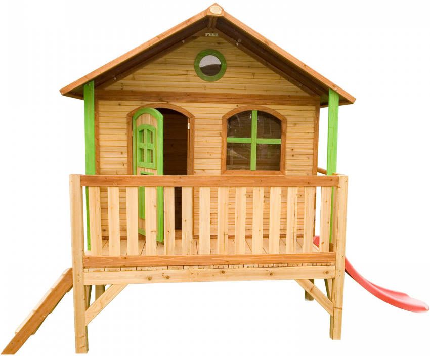 AXI Stef Speelhuis Op Palen & Rode Glijbaan Speelhuisje Voor De Tuin/Buiten In Bruin & Groen Van Fsc Hout