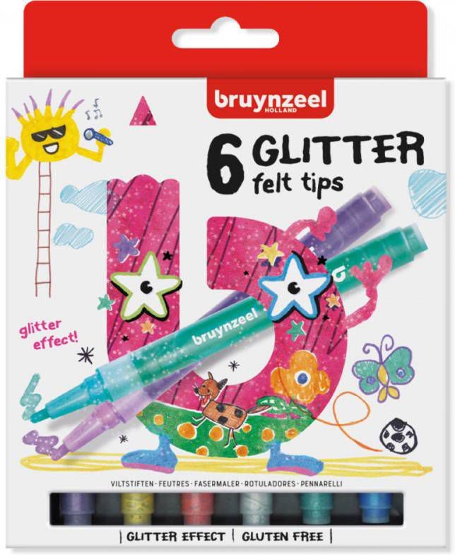 Bruynzeel Kids viltstiften Glitter, set van 6 stuks in geassorteerde kleuren