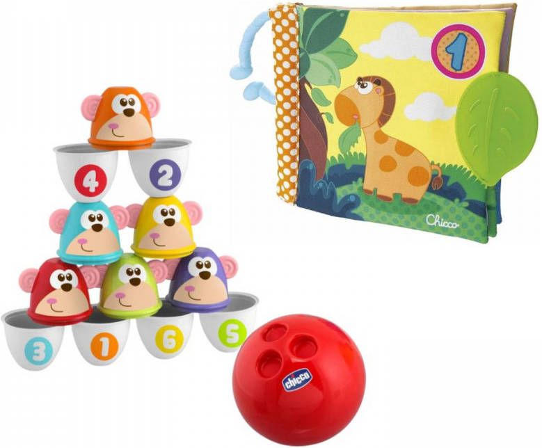 Chicco Bundel Bowling Aapjes 2 in 1 Bowlingspel En Blikgooien & Babyboekje Junior 19 X 19 Cm Polyester Geel/groen