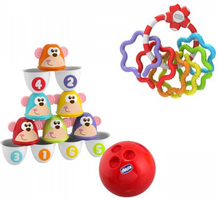 Chicco Bundel Bowling Aapjes 2 in 1 Bowlingspel En Blikgooien & Rammelaar Regenboog Speelringen