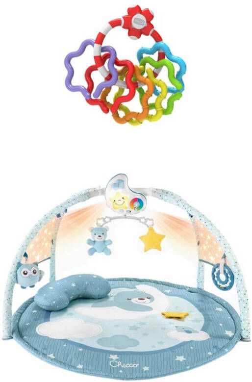 Chicco Bundel Speelkleed Babygym Kleurenplezier Blauw & Rammelaar Regenboog Speelringen