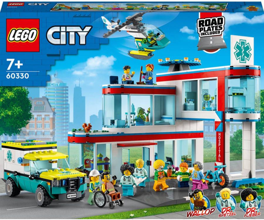 Lego 60330 City Ziekenhuis, Ambulance Speelgoed met Reddingshelikopter en 12 Minifiguren, Kinderspeelgoed voor Kinderen van 7+