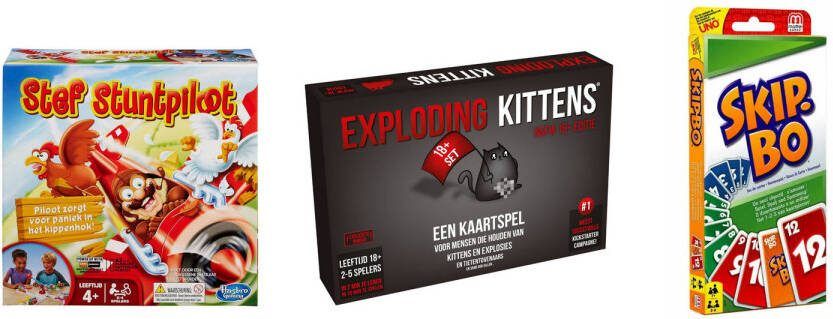 Mattel Spellenbundel Kaartspel 3 Stuks Exploding Kittens Nsfw(18+)& Skip bo & Stef Stuntpiloot