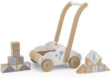Label Wood houten Loopwagen met educatieve blokken blauw