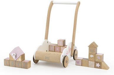 Label Wood houten Loopwagen met educatieve blokken roze