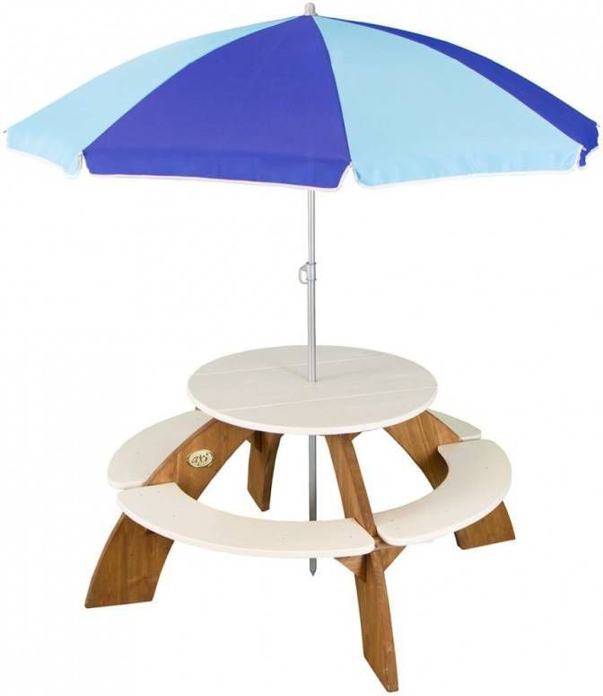 AXI Orion Picknicktafel Voor Kinderen Met Parasol Ronde Picknick Set Voor Kind Van Hout In Bruin & Wit
