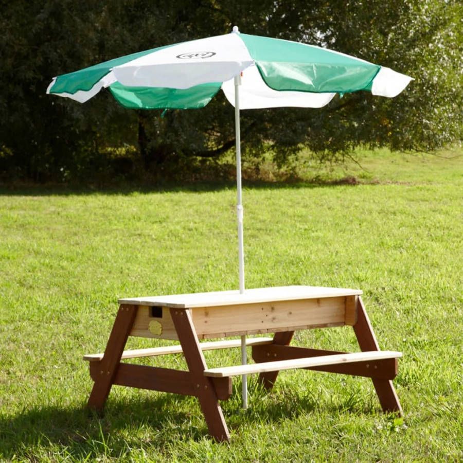 AXI Nick Picknicktafel/Zandtafel/Watertafel Voor Kinderen In Bruin Met Parasol In Groen/wit Multifunctionele