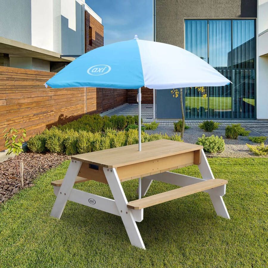 AXI Nick Picknicktafel/Zandtafel/Watertafel Voor Kinderen In Bruin/wit Met Parasol In Blauw/wit Multifunctionele