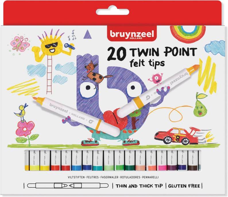 Bruynzeel Kids viltstiften Twin Point, set van 20 stuks in geassorteerde kleuren