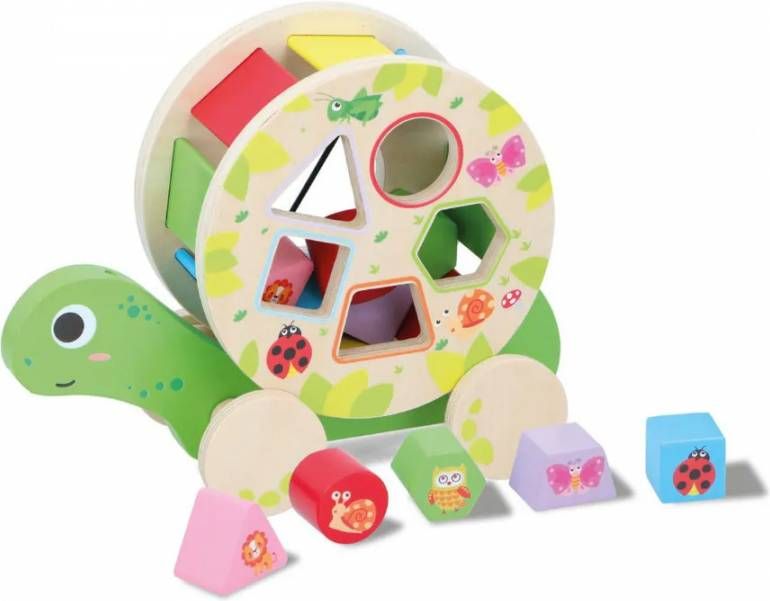 Marionette Wooden Toys Vormenstoof Schildpad Met Wieltjes 5 Blokken Houten Speelgoed