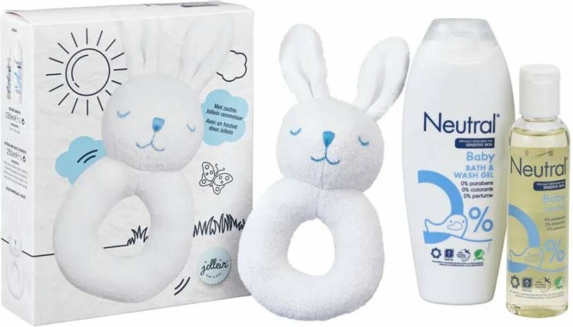 Neutral Baby Giftset Wasgel & Huidolie Met Jollein Rammelaar