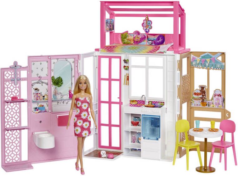 Barbie Dollhouse Playset with Doll & House with 2 Levels & 4 Play Areas